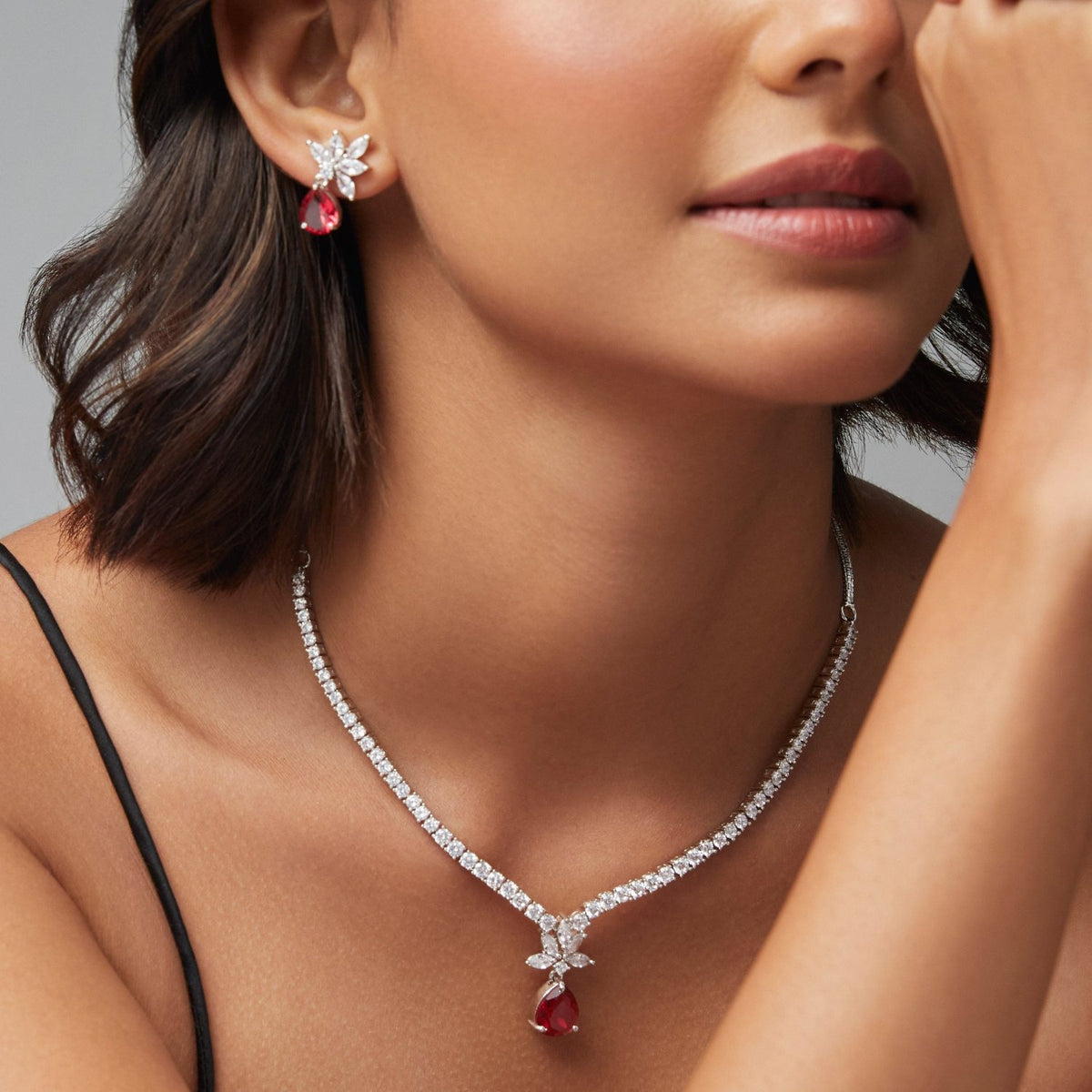 Camellia CZ Red Necklace Set