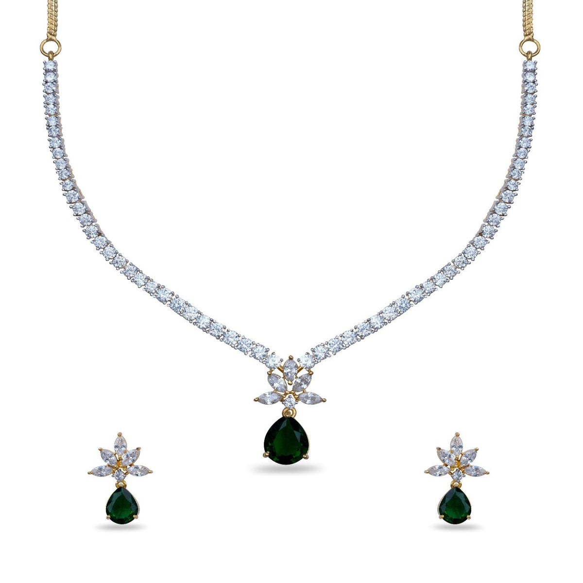 A close up image of a necklace with green gemstones and Cubic Zirconia.