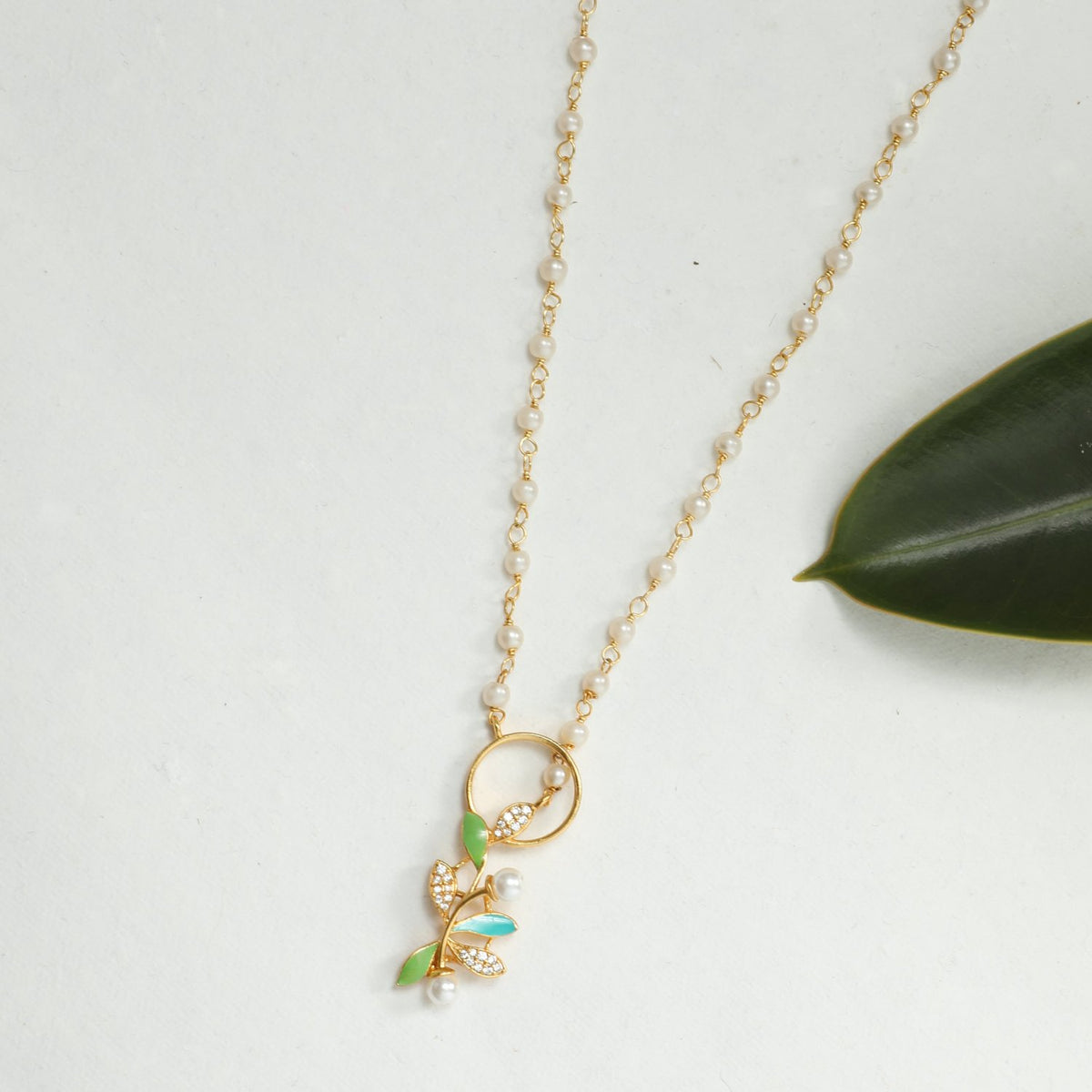 Eriha Pearl CZ Green Leaf Necklace