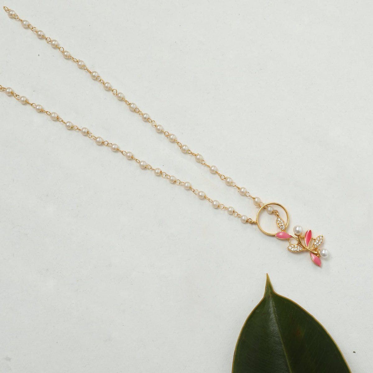 Eriha Pearl CZ Pink Leaf Necklace