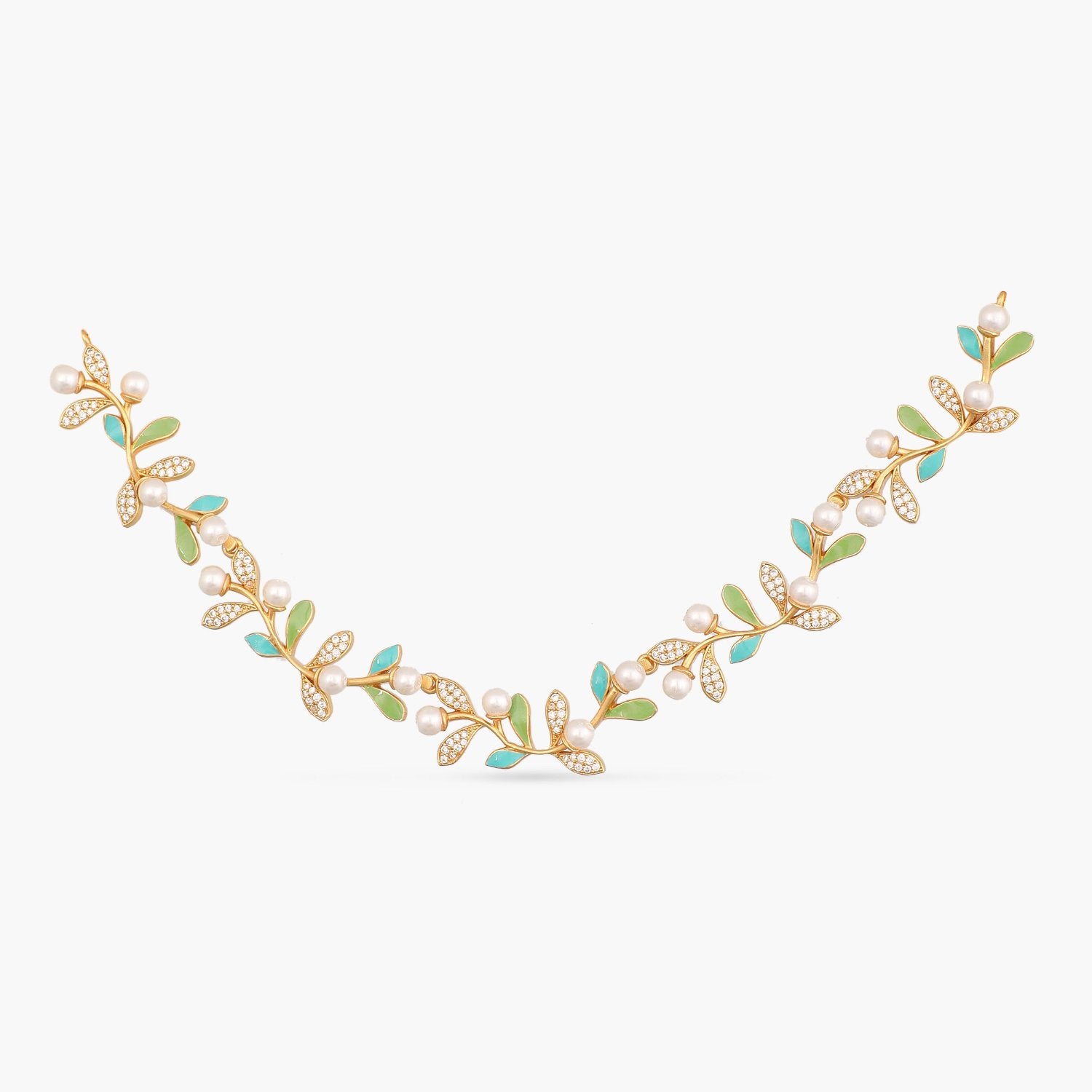 Eriha Pearl CZ Statement Green Leaf Necklace