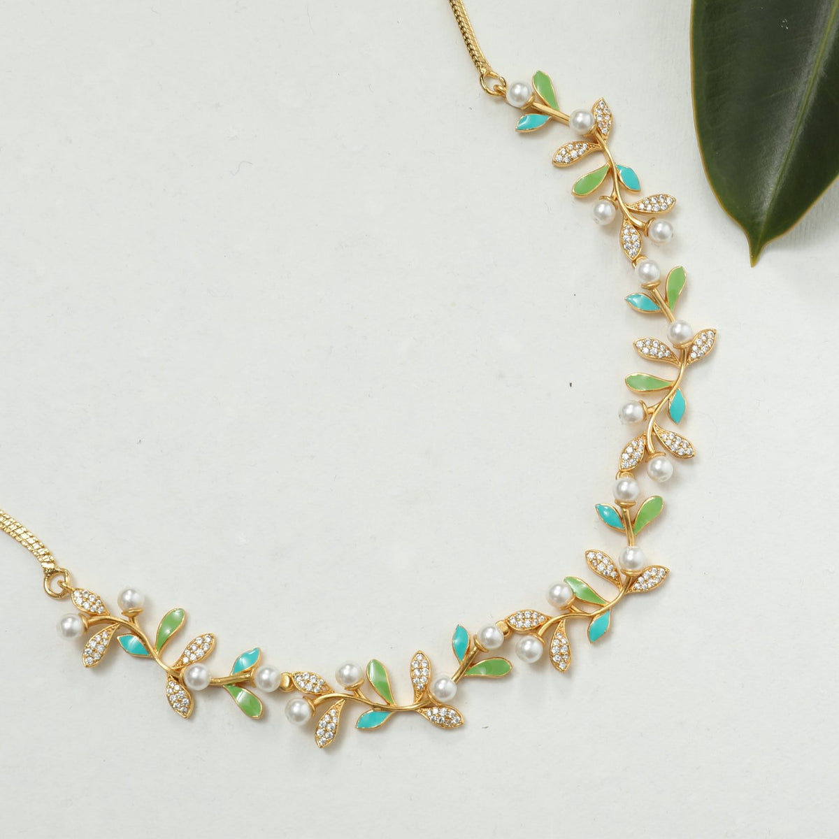 Eriha Pearl CZ Statement Green Leaf Necklace