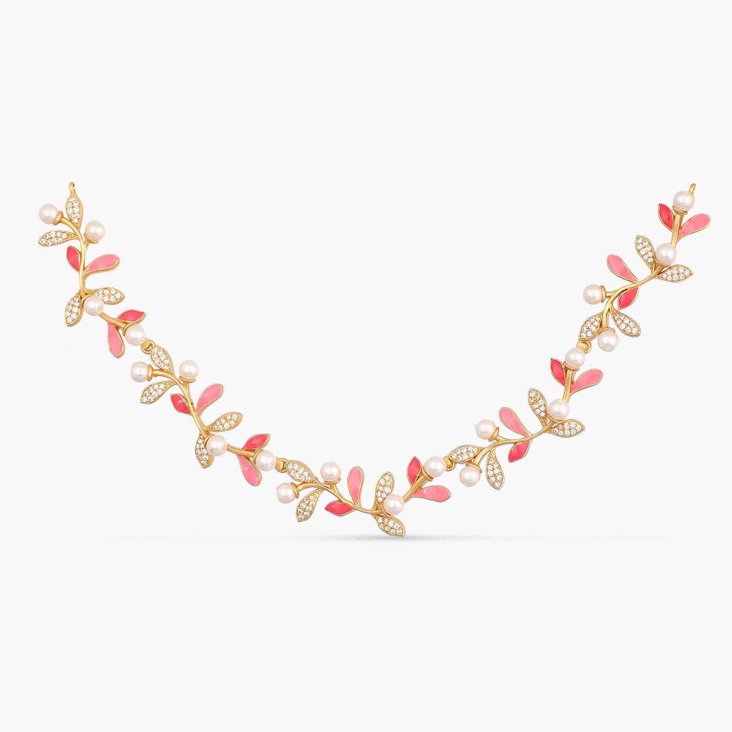 Eriha Pearl CZ Statement Pink Leaf Necklace