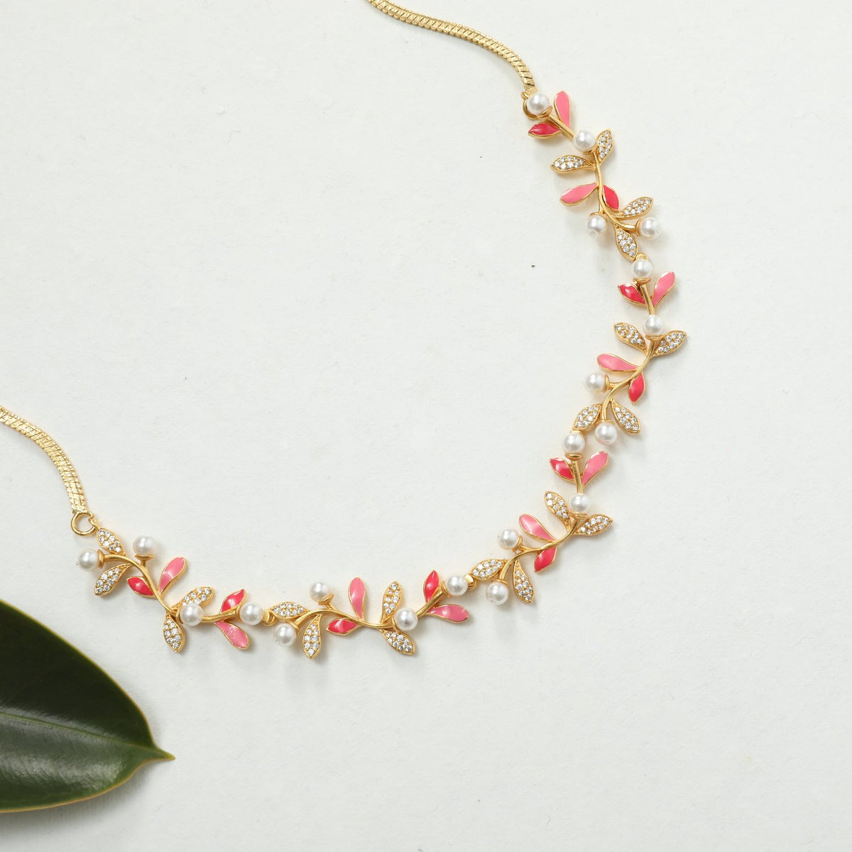 Eriha Pearl CZ Statement Pink Leaf Necklace