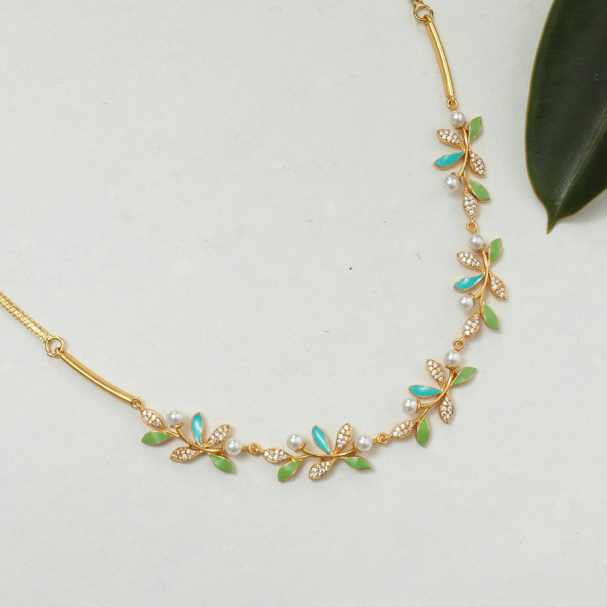 Eriha Pearl Delicate CZ Green Leaf Necklace