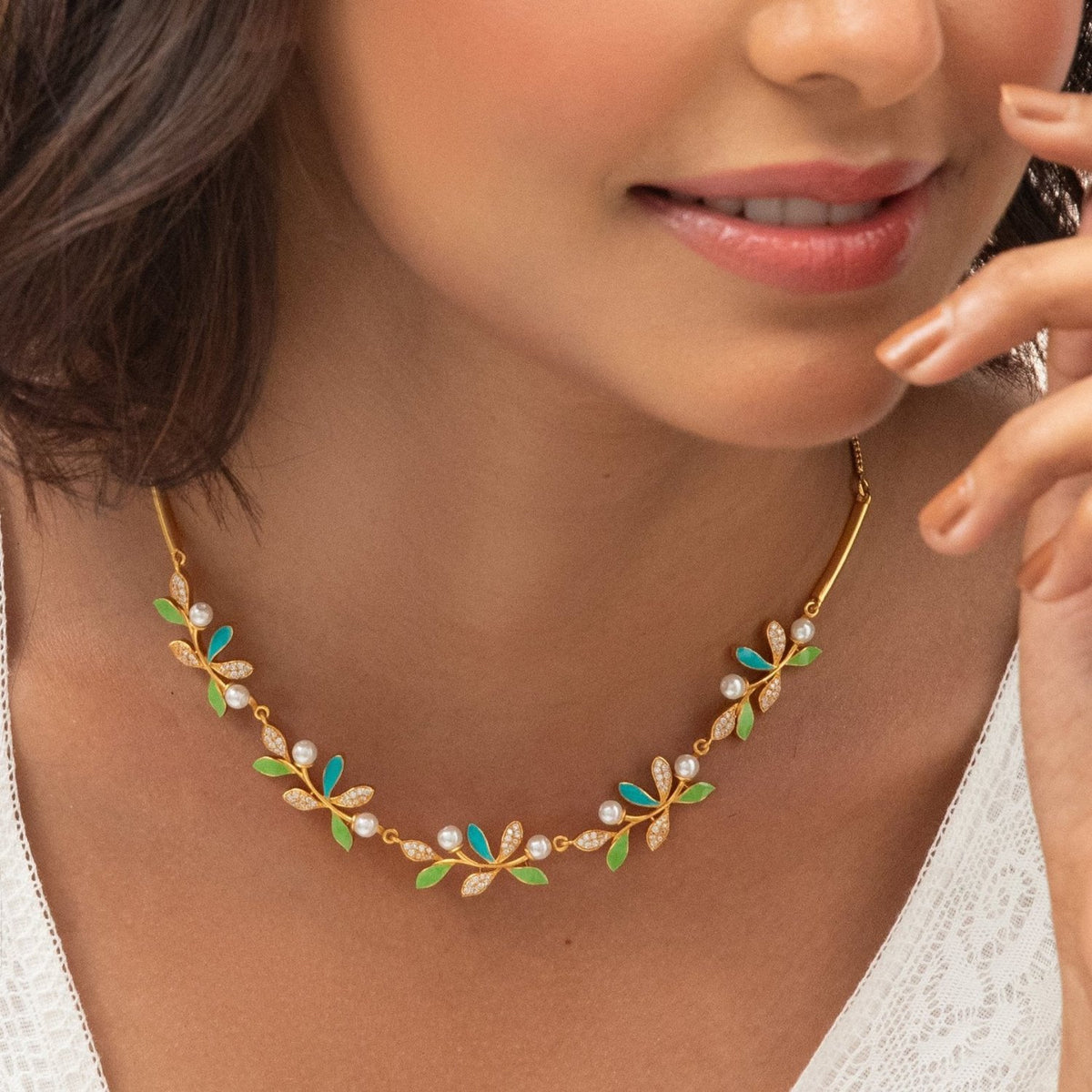 Eriha Pearl Delicate CZ Green Leaf Necklace