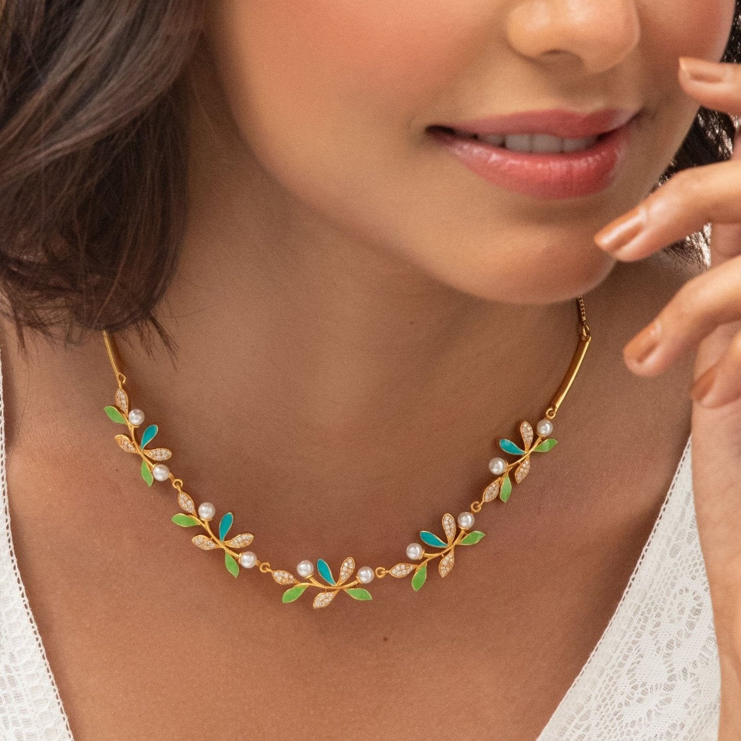 Eriha Pearl Delicate CZ Green Leaf Necklace