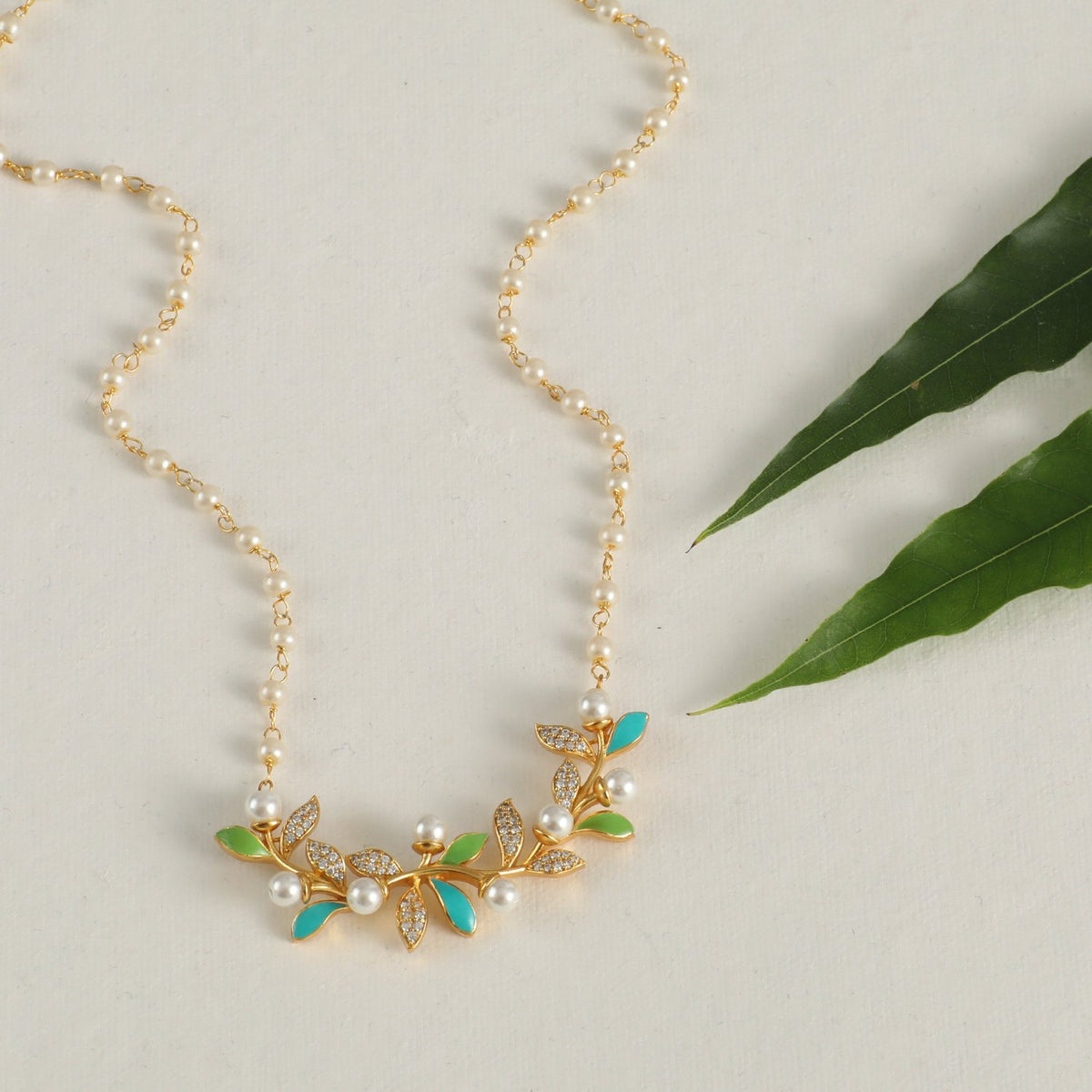 Eriha Pearl Elegant CZ Green Leaf Necklace