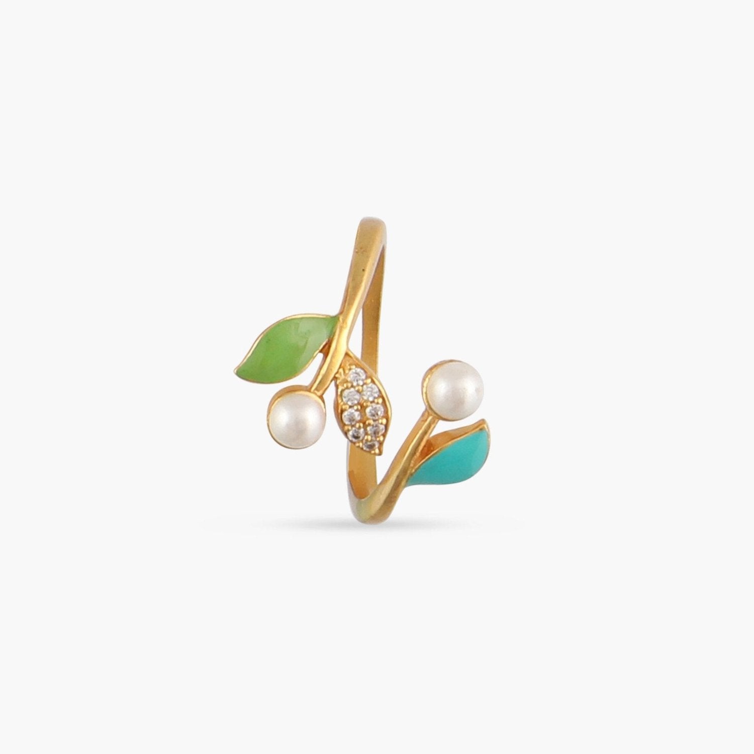 Eriha Pearl Statement CZ Green Leaf Finger Ring