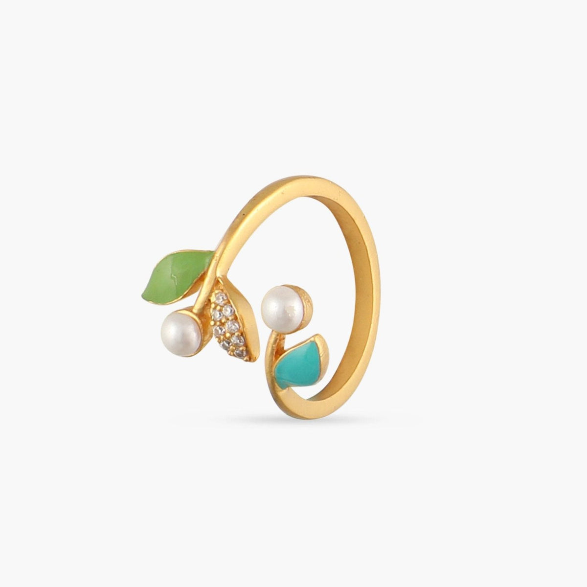 Eriha Pearl Statement CZ Green Leaf Finger Ring