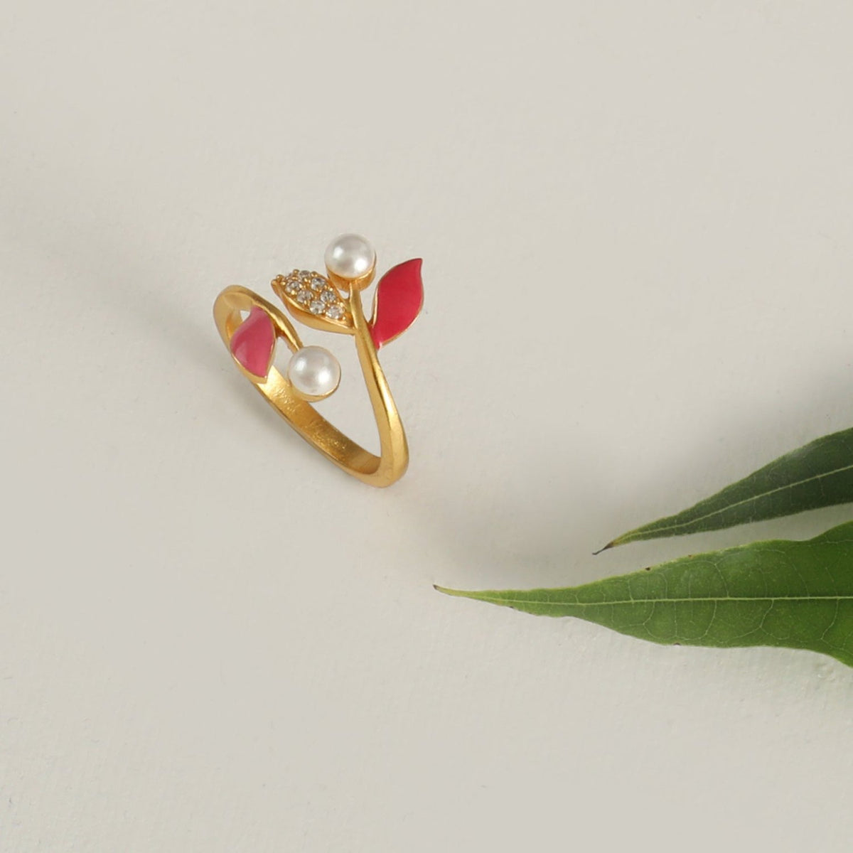 Eriha Pearl Statement CZ Pink Leaf Finger Ring