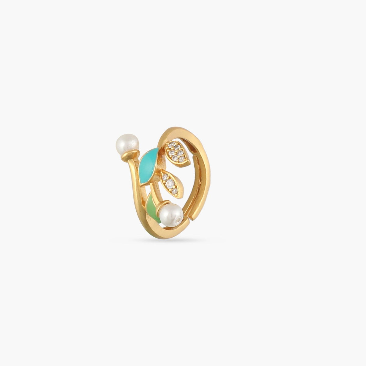 Eriha Pearl Nakshtra CZ Green Leaf Finger Ring