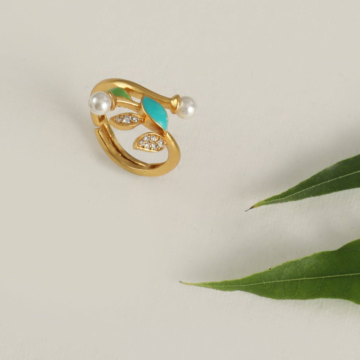 Eriha Pearl Nakshtra CZ Green Leaf Finger Ring