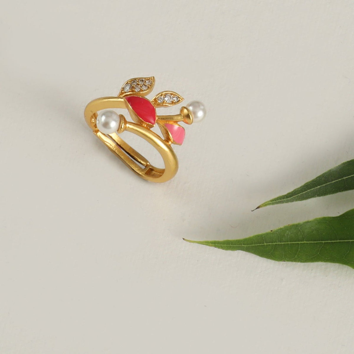 Eriha Pearl Nakshtra CZ Pink Leaf Finger Ring