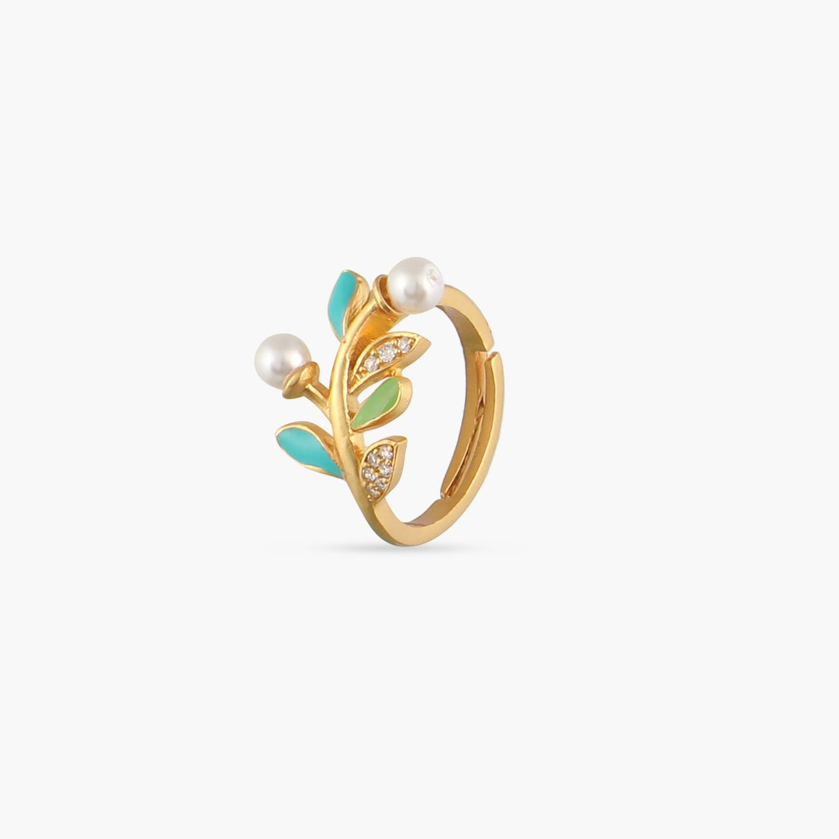 Eriha Pearl Floral CZ Green Leaf Finger Ring