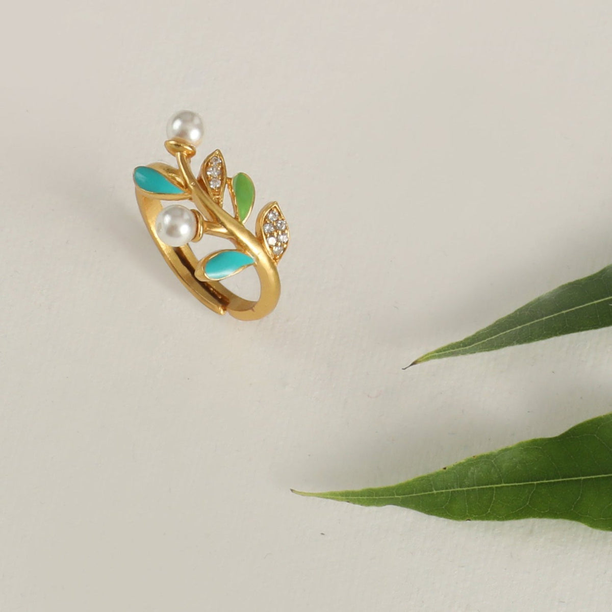 Eriha Pearl Floral CZ Green Leaf Finger Ring