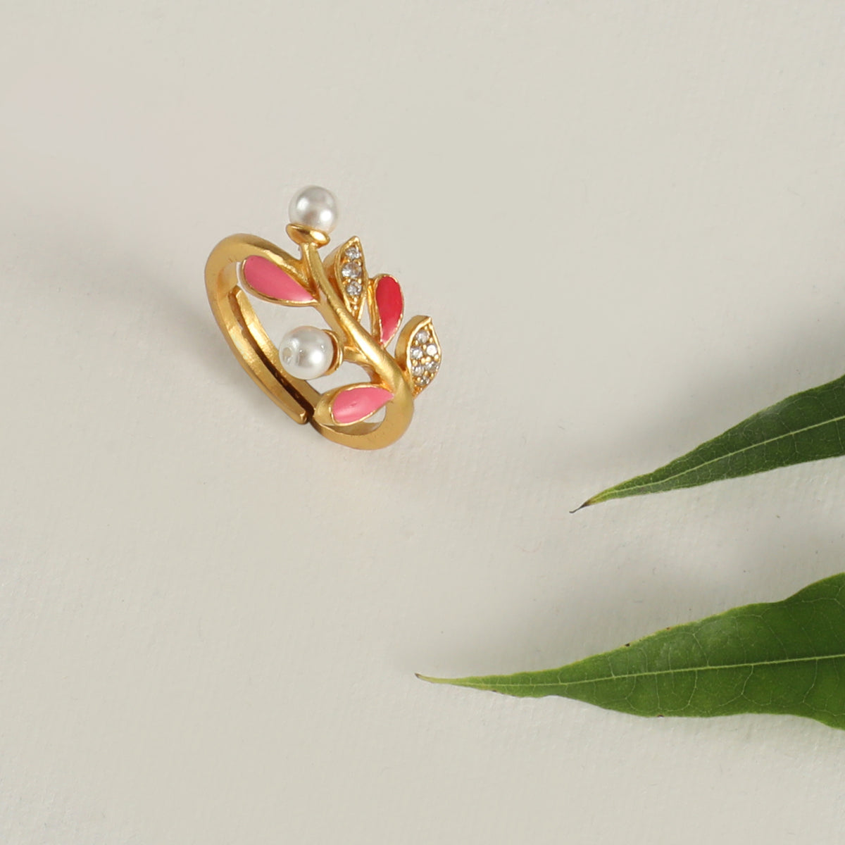 Eriha Pearl Floral CZ Pink Leaf Finger Ring