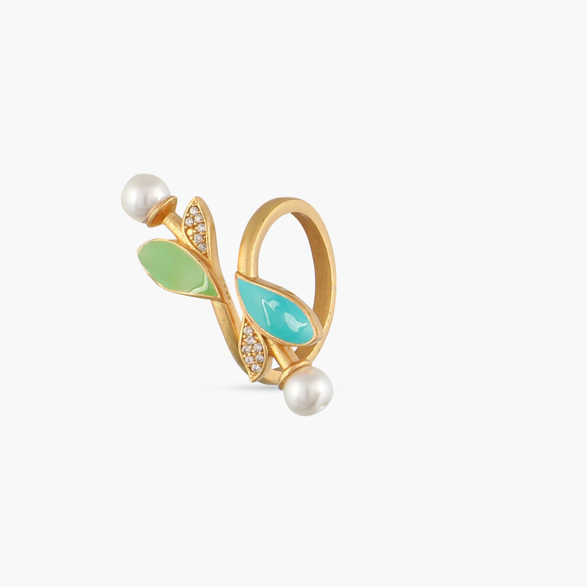 Eriha Pearl Delicate CZ Green Leaf Finger Ring