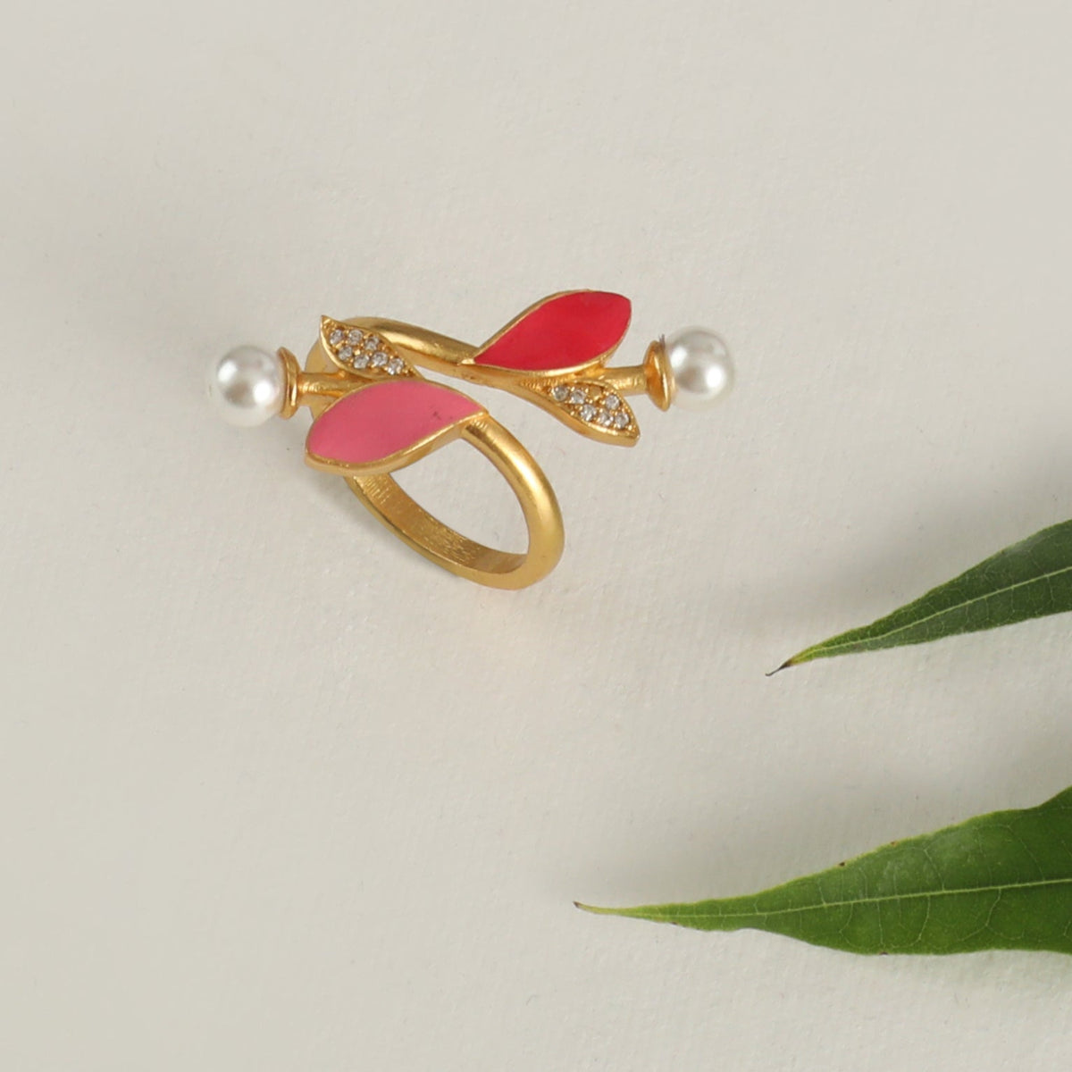 Eriha Pearl Delicate CZ Pink Leaf Finger Ring