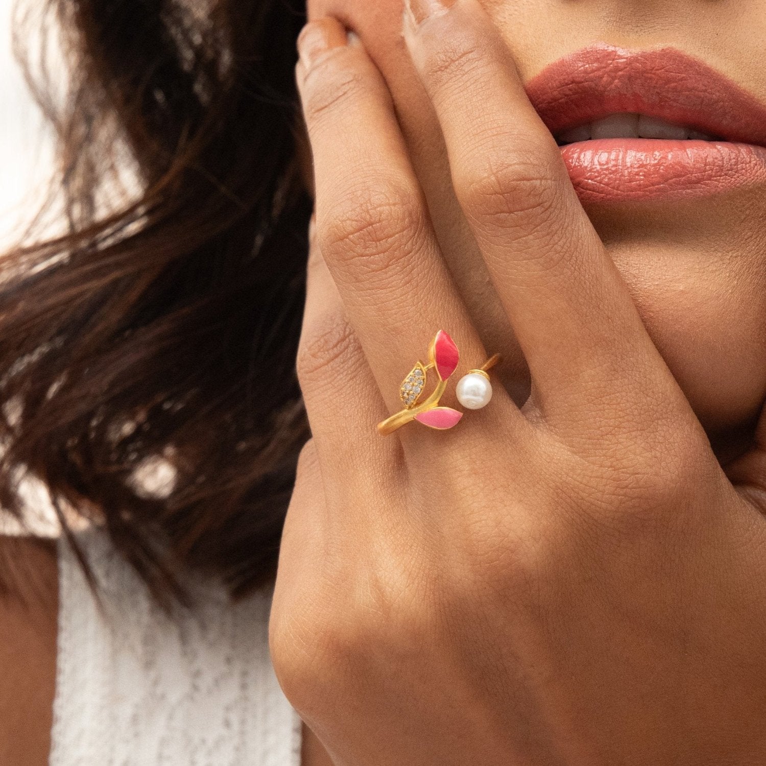 Eriha Pearl CZ Pink Leaf Finger Ring