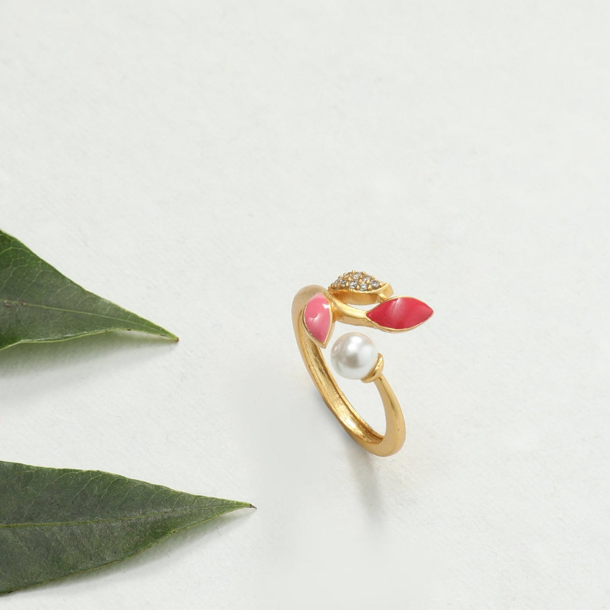 Eriha Pearl CZ Pink Leaf Finger Ring