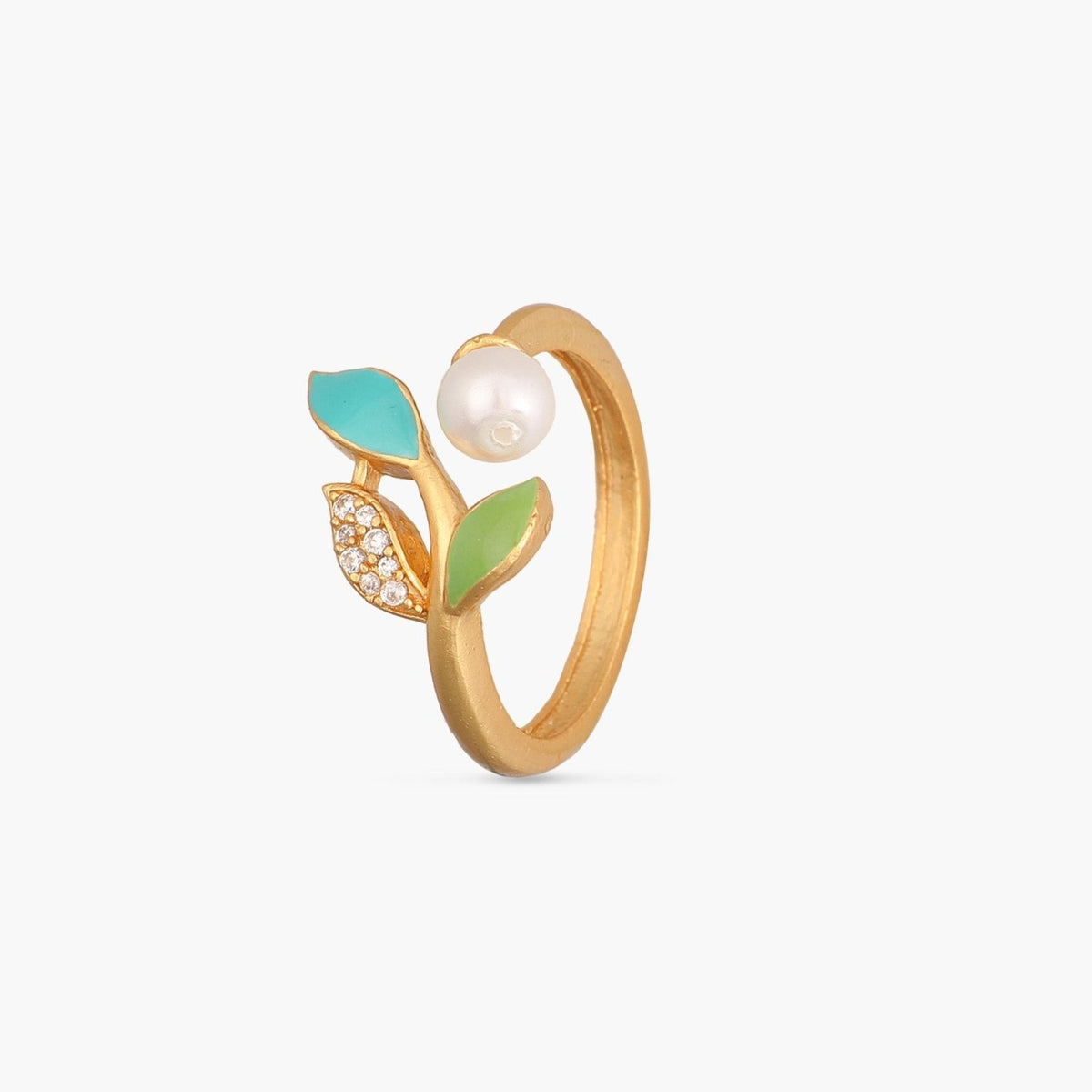 Eriha Pearl CZ Green Leaf Finger Ring