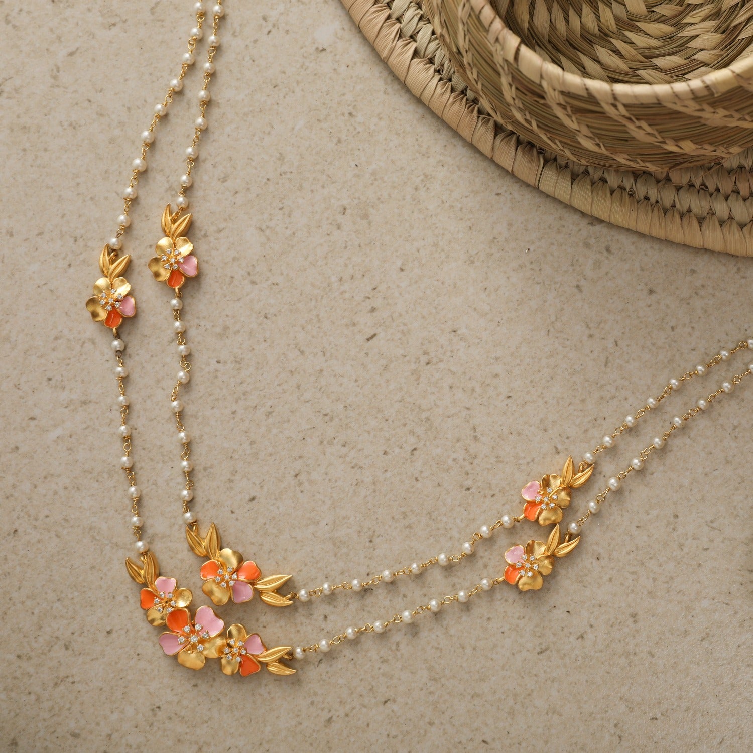 Matte finish navarathna stone coral-pearl bead choker necklace set dj- –  dreamjwell