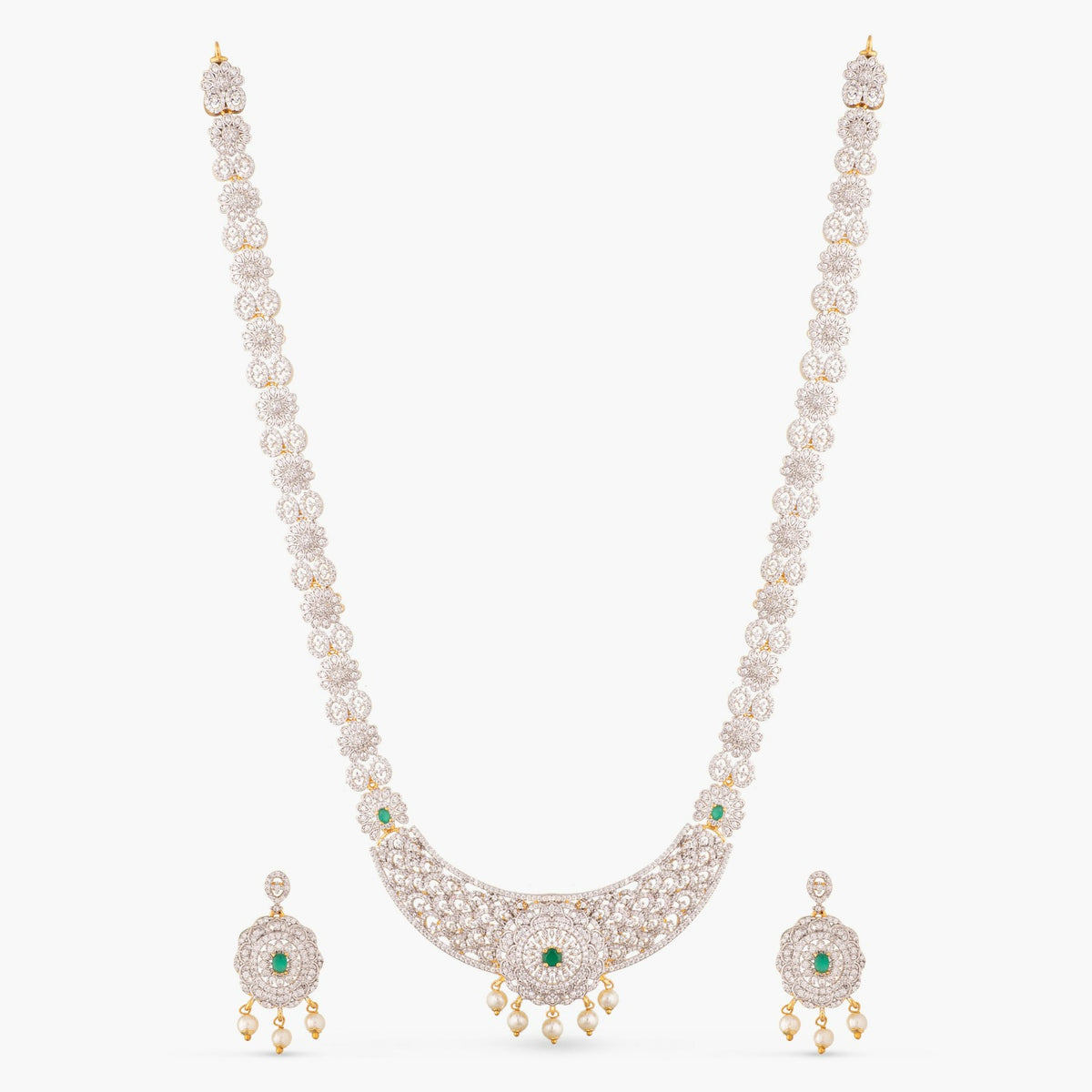 Floral Elegance CZ Long Necklace Set