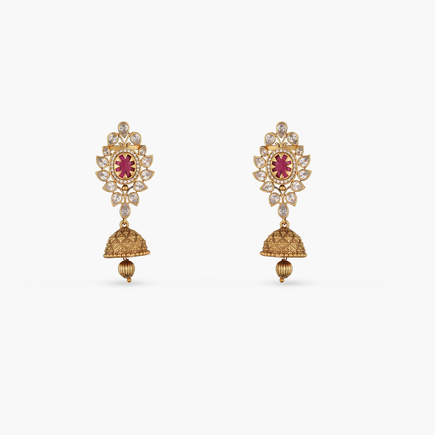 Gold-Plated Traditional Jhumka Earrings with Stone – Ruby Jewellers