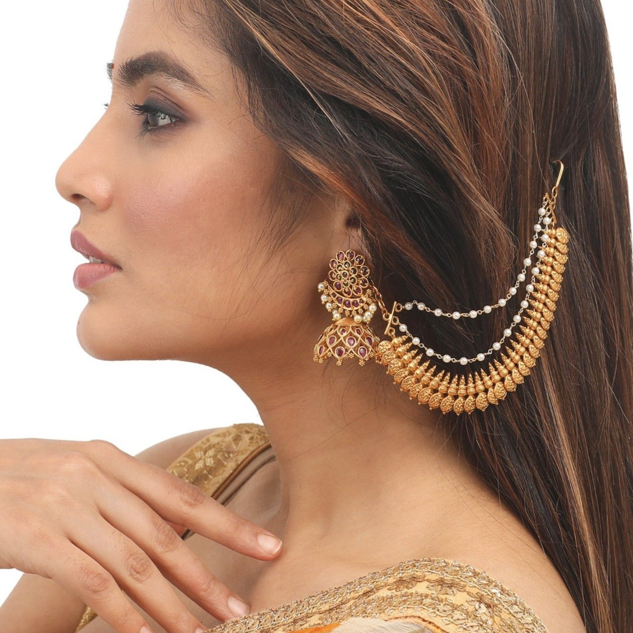 gold plated earrings with hair chain for women