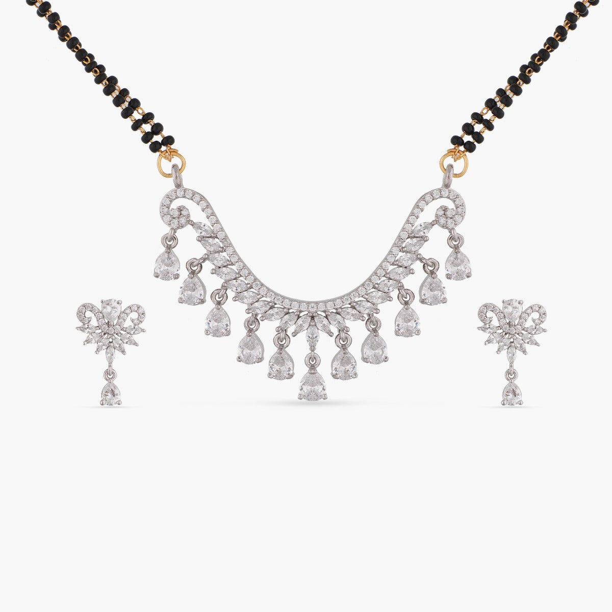 Black Crystal and Metal Beaded Three Layer Necklace with Earrings