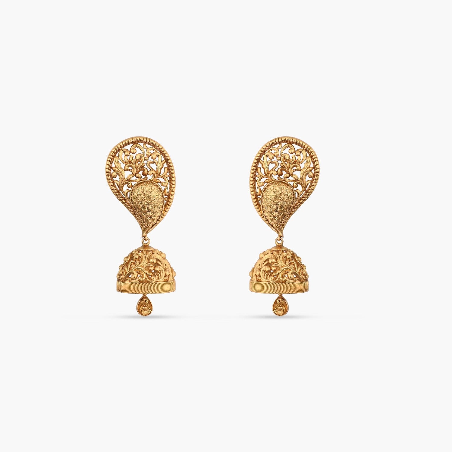 Traditional Carved Leaf Motif Gold Jhumka Earrings